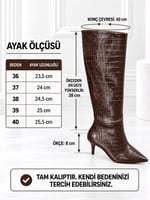 ASTER Kadın Acı Kahve Kroko Cilt Sivri Burun İçi Kürklü 8 Cm İnce Topuklu Uzun Çizme