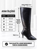 ASTER Kadın Siyah Kroko Cilt Sivri Burun İçi Kürklü 8 Cm İnce Topuklu Uzun Çizme