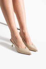 AURELIA Kadın Bej Sivri Burun Slingback 6 cm İnce Topuk Parlak Simli Abiye Ayakkabı