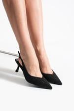 AURELIA Kadın Siyah Sivri Burun Slingback 6 cm İnce Topuk Parlak Simli Abiye Ayakkabı