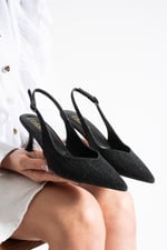 AURELIA Kadın Siyah Sivri Burun Slingback 6 cm İnce Topuk Parlak Simli Abiye Ayakkabı
