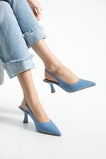DENIMORA Kadın Açık Kot Dokulu Slingback Ayakkabı Sivri Burun 7 cm Topuklu İnce Topuklu Ayakkabı