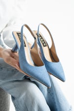 DENIMORA Kadın Açık Kot Dokulu Slingback Ayakkabı Sivri Burun 7 cm Topuklu İnce Topuklu Ayakkabı