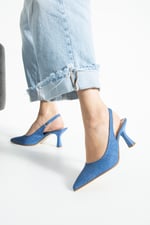 DENIMORA Kadın Koyu Kot Dokulu Slingback Ayakkabı Sivri Burun 7 cm Topuklu İnce Topuklu Ayakkabı