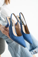 DENIMORA Kadın Koyu Kot Dokulu Slingback Ayakkabı Sivri Burun 7 cm Topuklu İnce Topuklu Ayakkabı