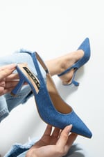 DENIMORA Kadın Koyu Kot Dokulu Slingback Ayakkabı Sivri Burun 7 cm Topuklu İnce Topuklu Ayakkabı