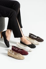 FLORIA DANTEL Kadın Bej Düz Babet Dantel Dokuma Çiçek Desenli Zarif Günlük Ayakkabı
