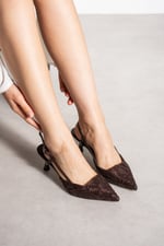 JULIE Kadın Acı Kahve Dantel Dokulu Sivri Burun 5 cm Topuklu Slingback Ayakkabı