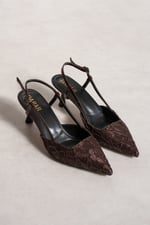 JULIE Kadın Acı Kahve Dantel Dokulu Sivri Burun 5 cm Topuklu Slingback Ayakkabı