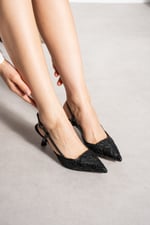 JULIE Kadın Siyah Dantel Dokulu Sivri Burun 5 cm Topuklu Slingback Ayakkabı