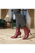 Kadın Marya Bordo Streç Cilt Yandan Fermuar Sivri Burun İnce Topuklu Bot
