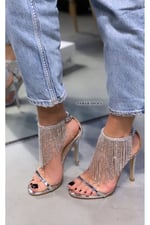 Katalia Kadın Gümüş Rügan Taşlı Tek Bantlı 11 cm Platform Topuklu Abiye Ayakkabı