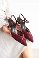 LACEVA Kadın Bordo Dantel Detaylı Sivri Burun 6 cm Topuklu Slingback Ayakkabı