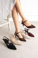 LACEVA Kadın Bordo Dantel Detaylı Sivri Burun 6 cm Topuklu Slingback Ayakkabı