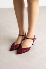 LACEVA Kadın Bordo Dantel Detaylı Sivri Burun 6 cm Topuklu Slingback Ayakkabı