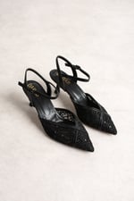 LACEVA Kadın Siyah Dantel Detaylı Sivri Burun 6 cm Topuklu Slingback Ayakkabı