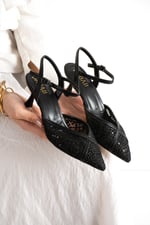 LACEVA Kadın Siyah Dantel Detaylı Sivri Burun 6 cm Topuklu Slingback Ayakkabı