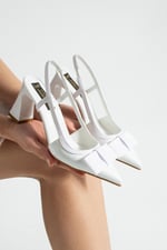 LERINDA Kadın Beyaz Sivri Burun Rugan Slingback 7 cm Topuk Fiyonklu Klasik Ayakkabı