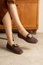 LIRA Kahve Taş Detaylı Süet Kadın Loafer