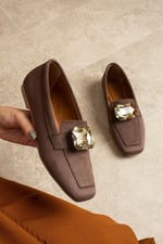 LIRA Kahve Taş Detaylı Süet Kadın Loafer
