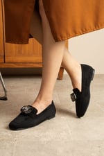LIRA Siyah Taş Detaylı Süet Kadın Loafer