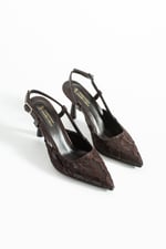 LISA Kadın Acı Kahve Sivri Burun 7 cm Topuklu Çiçek Dantel Desenli Rugan Slingback Ayakkabı