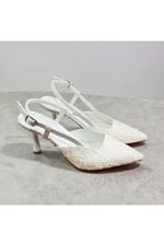 LISA Kadın Beyaz Sivri Burun 7 cm Topuklu Çiçek Dantel Desenli Rugan Slingback Ayakkabı