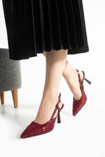 LISA Kadın Bordo Sivri Burun 7 cm Topuklu Çiçek Dantel Desenli Rugan Slingback Ayakkabı