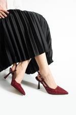 LISA Kadın Bordo Sivri Burun 7 cm Topuklu Çiçek Dantel Desenli Rugan Slingback Ayakkabı