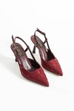 LISA Kadın Bordo Sivri Burun 7 cm Topuklu Çiçek Dantel Desenli Rugan Slingback Ayakkabı