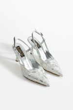 LISA Kadın Gümüş Sivri Burun 7 cm Topuklu Çiçek Dantel Desenli Rugan Slingback Ayakkabı