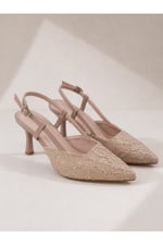 LISA Kadın Pudra Sivri Burun 7 cm Topuklu Çiçek Dantel Desenli Rugan Slingback Ayakkabı