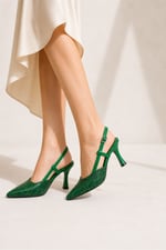 LISA Kadın Yeşil Sivri Burun 7 cm Topuklu Çiçek Dantel Desenli Rugan Slingback Ayakkabı