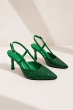 LISA Kadın Yeşil Sivri Burun 7 cm Topuklu Çiçek Dantel Desenli Rugan Slingback Ayakkabı