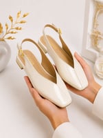 LIVORA Kadın Krem Kare Burun Tokalı Düz Taban Slingback Casual Babet Ayakkabı