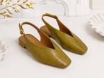 LIVORA Kadın Yağ Yeşili Kare Burun Tokalı Düz Taban Slingback Casual Babet Ayakkabı
