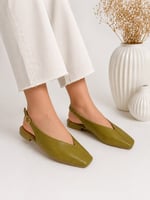 LIVORA Kadın Yağ Yeşili Kare Burun Tokalı Düz Taban Slingback Casual Babet Ayakkabı