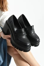 LOFTIA Kadın Siyah Cilt Chunky Topuklu Loafer