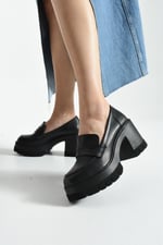 LOFTIA Kadın Siyah Cilt Chunky Topuklu Loafer