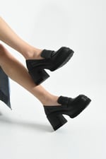 LOFTIA Kadın Siyah Cilt Chunky Topuklu Loafer