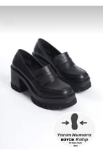 LOFTIA Kadın Siyah Cilt Chunky Topuklu Loafer