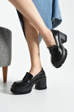 LOFTIA Kadın Siyah Rugan Chunky Topuklu Loafer