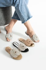 LUMIRY Gümüş Kadın Taşlı Düğümlü Bantlı Düz Işıltılı Terlik