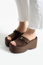 LUNARA Kadın Acı Kahve 10 cm Platform Topuk Tokalı Kalın Taban Terlik Sandalet