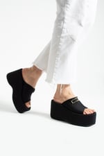 LUNARA Kadın Siyah 10 cm Platform Topuk Tokalı Kalın Taban Terlik Sandalet