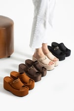 LUNARA Kadın Taba 10 cm Platform Topuk Tokalı Kalın Taban Terlik Sandalet