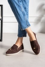 LUPY Kadın Acı Kahve Süet Loafer Ayakkabı Gold Aksesuarlı Ortopedik Rahat Taban Casual Babet