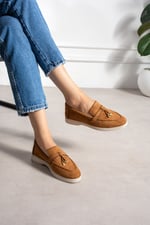 LUPY Kadın Taba Süet Loafer Ayakkabı Gold Aksesuarlı Ortopedik Rahat Taban Casual Babet