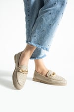MABY Kadın Bej Örgü Dokulu Zincir Detaylı Loafer Düz Ayakkabı Babet