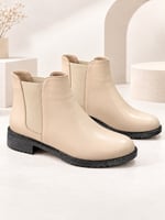 MARAL Kadın Bej Cilt Yuvarlak Burun Lastik Detaylı 3 Cm Topuklu Kaymaz Taban Chelsea Bot Bootie